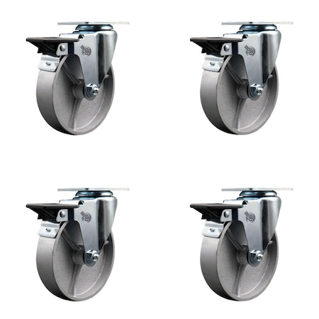 Service Caster 5'' Semi Steel Wheel Swivel Top Plate Caster Set with Posi Brake, 4PK SCC-20S514-SSS-PLB-4